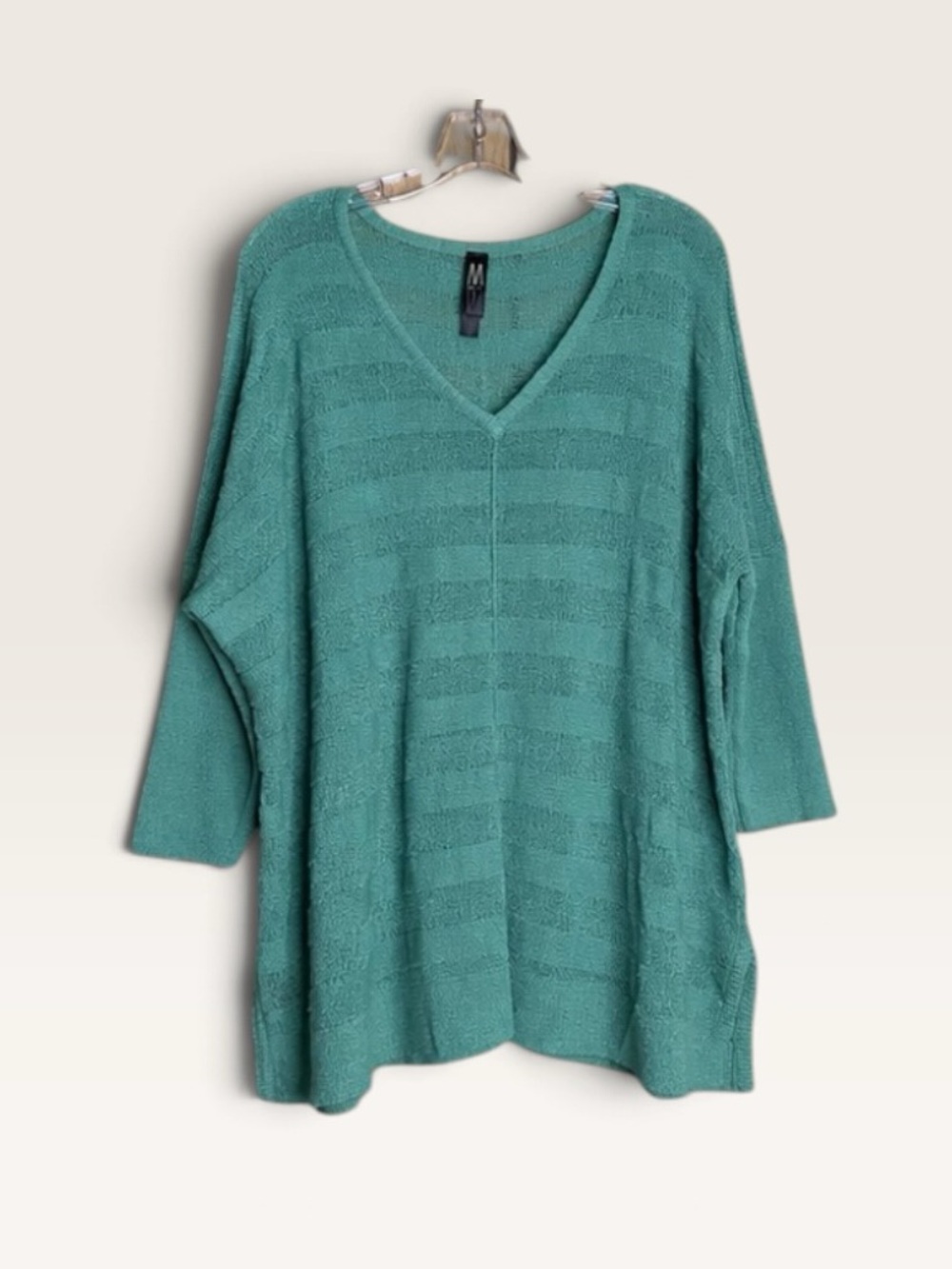 MarlaWynne Teal Open Knit Oversized Sweater Large V Neck Textured Tunic